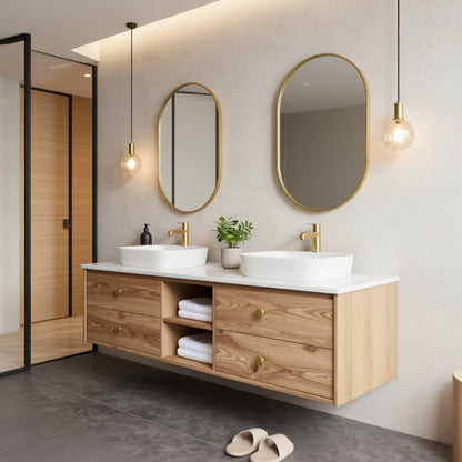 60"84"Modern Floating Oak Bathroom Vanity with Double Sinks & Gold Framed Oval Mirrors