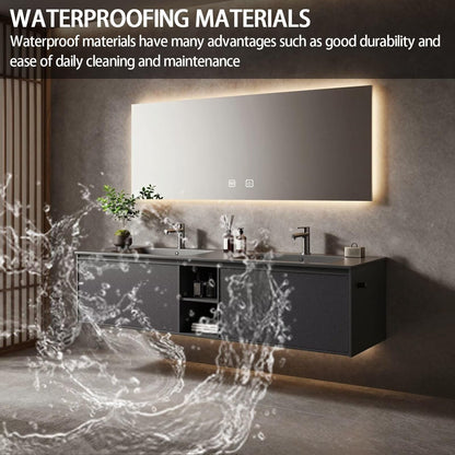 60”-84”Double Sink Floating Bathroom Vanity with LED Backlit Mirror, Dark Gray Textured Cabinet