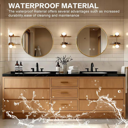 60”-96”Wood Double Sink Bathroom Vanity with Black Stone Top & Gold Round Mirrors