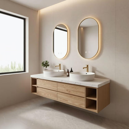 60”-84”Double Vanity, White Floating Cabinet with Gold Trim Oval LED Mirrors