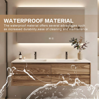 60”-84” Double Sink Floating Bathroom Vanity with LED Backlit Mirror, Wall Mounted Walnut Vanity with White Top & Storage
