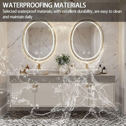 60"-84"Floating Beige Bathroom Vanity with Double Vessel Sinks & LED Round Mirrors