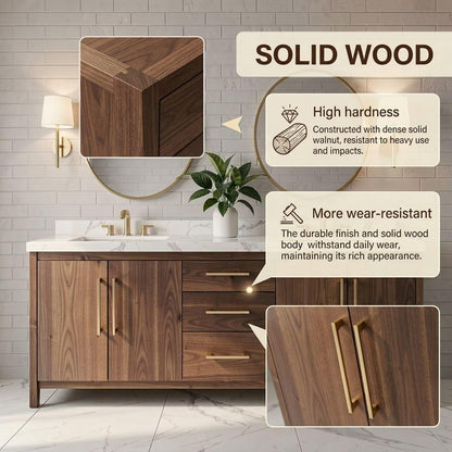 60"-96"Modern Walnut Bathroom Vanity with Double Sinks, Marble Top & Gold Hardware