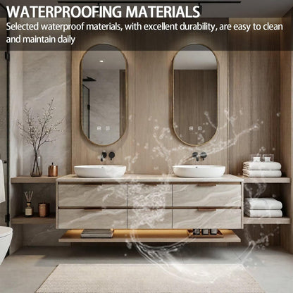 60”-84”Double Floating Vanity, Light Beige Cabinet with LED Backlit Mirror