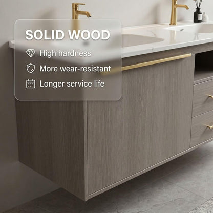 60"-96"Light Gray Oak Floating Bathroom Vanity with Double Sinks & LED Backlit Mirror