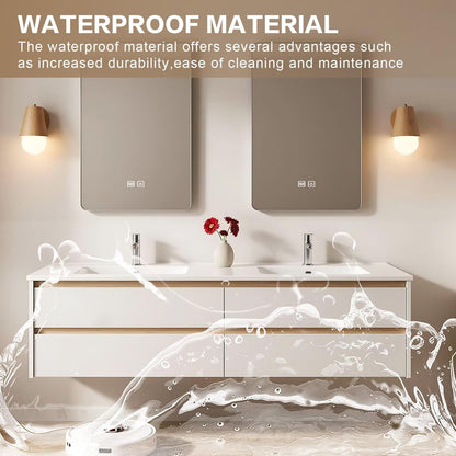 60”-84” Double Sink Floating Bathroom Vanity with 2 LED Mirrors, White Wall Mounted Vanity with Light Oak Accents