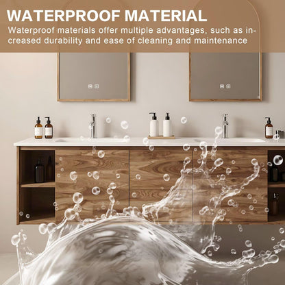 60”-84” Wall Mounted Double Sink Bathroom Vanity with Arched LED Mirrors, Wood Floating Cabinet with White Stone Top, Natural