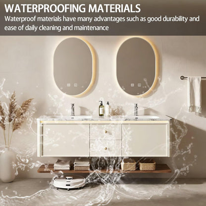 60"-84"Modern Cream Floating Bathroom Vanity Set with Marble Top & Open Shelf