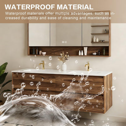 60”-84”Floating Double Sink Bathroom Vanity with LED Defog Mirror Cabinet, Wall Mounted Walnut Wood Vanity with Storage Drawers