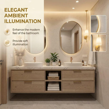 60”-84”Double Sink Floating Bathroom Vanity with Gold Oval Mirrors, Light Wood Cabinet & Marble Top