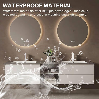 60”-84”Double Sink Floating Bathroom Vanity with 2 Round LED Mirrors, White Wall Mounted Vanity with Open Storage Shelf