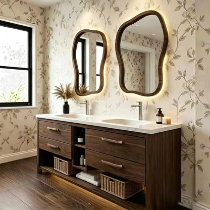 60”-96” Dark Wood Bathroom Vanity with Double Sinks & Irregular LED Mirrors