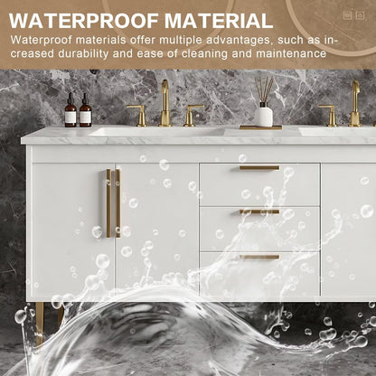 60”-84” Double Sink Bathroom Vanity with LED Oval Mirrors, Freestanding Cabinet with Marble Top, White with Gold Hardware
