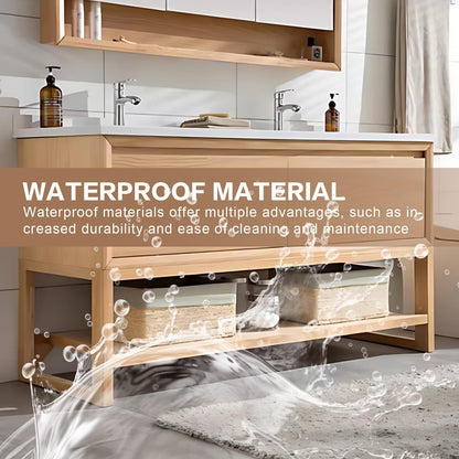 60”-76”Double Sink Freestanding Bathroom Vanity with Mirror Cabinet, Light Oak Wood Cabinet