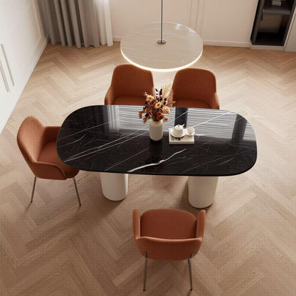 60"-80"Modern Oval Dining Table with Black Marble Top & Cream Base, Seats 4-6