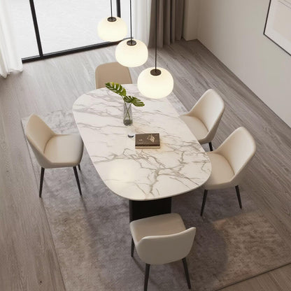 60"-80"Modern Oval Dining Table, White Marble Top with Matte Black Legs for Dining Room