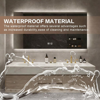 60”-84”Double Sink Floating Bathroom Vanity with LED Backlit Mirror, Wall Mounted Light Oak Vanity with White Marble Top