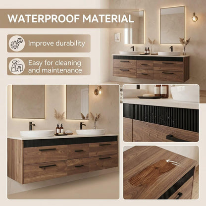 60"-96"Modern Wood Vanity with Black Fluted Trim & 6 Drawer Storage