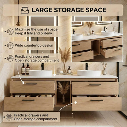 60"-96"Light Oak Floating Bathroom Vanity with Double Vessel Sinks & LED Mirrors