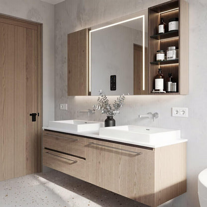 60”-96”Light Oak Floating Double Sink Vanity with LED Lighted Mirror Cabinet
