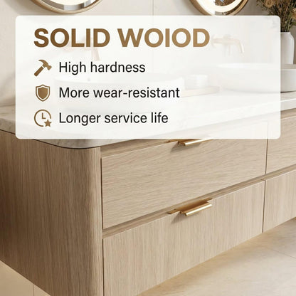 60"-96"Floating Oak Bathroom Vanity with Double Vessel Sinks & LED Oval Mirrors