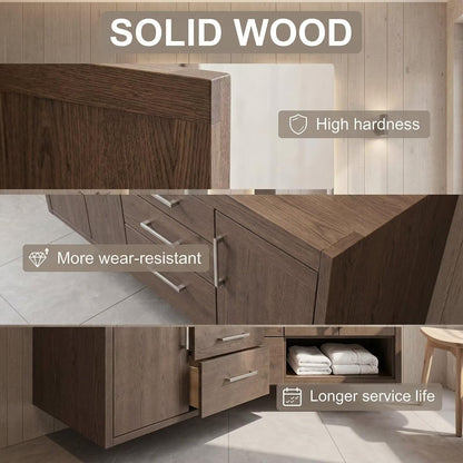 60"-96"Modern Wood Vanity with Stone Countertop, Drawers & Open Storage