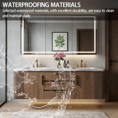 60”-84”Double Sink Floating Bathroom Vanity with LED Mirror, Light Wood Cabinet & Gold Hardware