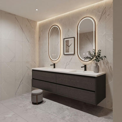 60”-84”Double Sink Floating Bathroom Vanity with Oval LED Mirrors, Dark Gray Wood Cabinet