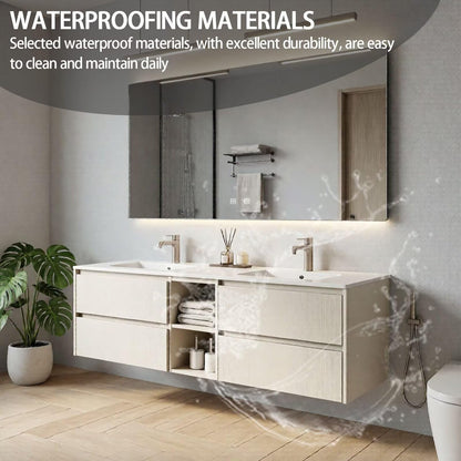 60"-84"Modern White Wood Bathroom Vanity with Open Storage & Integrated Sinks, LED Mirror