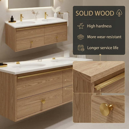 60"-84"Light Oak Floating Bathroom Vanity Set with Gold Hardware & LED Mirror
