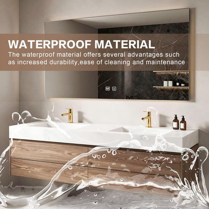 60”-84”Double Sink Floating Bathroom Vanity with LED Mirror, Wall Mounted Walnut Wood Vanity with White Marble Top & Storage