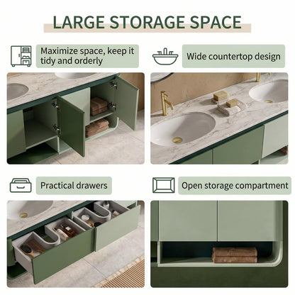 60"-96"Modern Wall-Mounted Vanity with Open Shelves, Marble Countertop & LED Mirrors