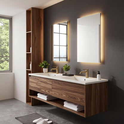 60”-96”Modern Wall-Mounted Bathroom Vanity with Walnut Finish & LED Lighted Mirrors