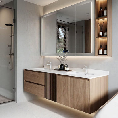 60”-96” Light Oak Floating Bathroom Vanity with Double Sinks & LED Mirror Cabinet