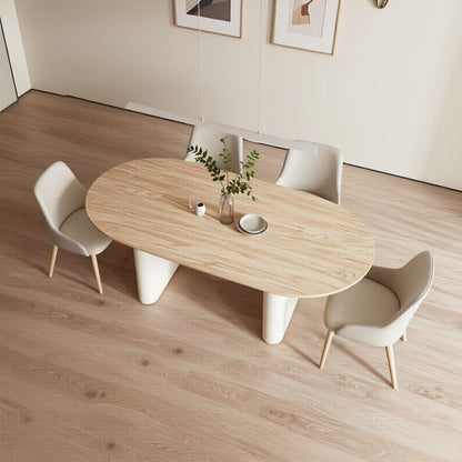 60"-80"Modern Oval Dining Table with Light Wood Top & Cream Base, Seats 4-6