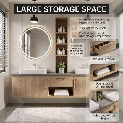 60"-96"Light Oak Floating Bathroom Vanity with Double Vessel Sinks & LED Round Mirrors