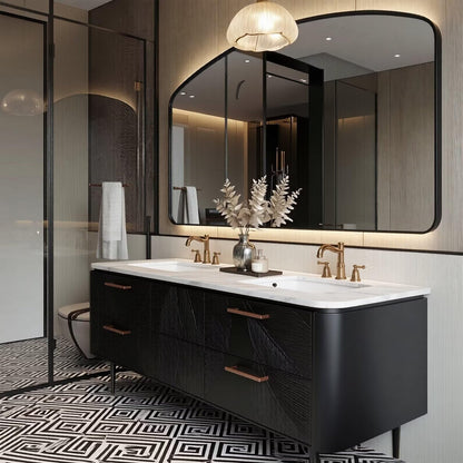 60”-112” Black Leaf-Carved Bathroom Vanity with Double Sinks & Marble Top