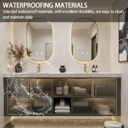60"-84"Modern Floating Bathroom Vanity Set with Marble Top & Glass Cabinets
