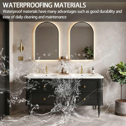 60”-84”Double Sink Freestanding Vanity with LED Arched Mirrors, Black Cabinet & Gold Hardware