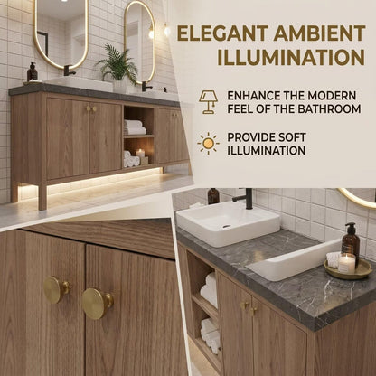 60"-96"Rustic Oak Bathroom Vanity Set with Marble Top & Gold Mirrors