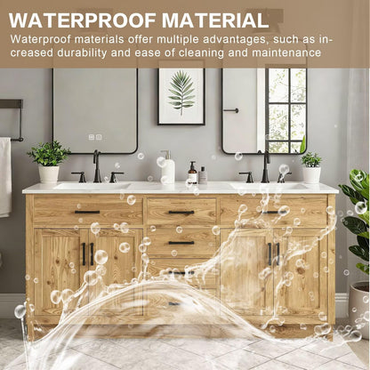 60”-84”Double Sink Bathroom Vanity with LED Mirrors, Freestanding Solid Wood Cabinet with Marble Top, Natural Oak