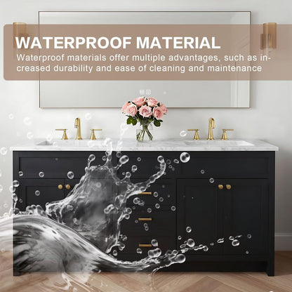 60”-96” Double Sink Freestanding Bathroom Vanity with Marble Top, Black Wood Vanity with Gold Hardware & Large Mirror, Modern Cabinet