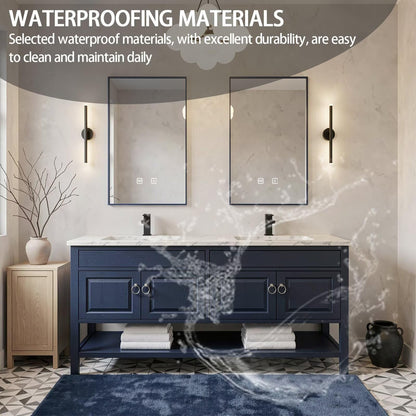 60”-84” Double Vanity, Navy Blue Cabinet with Marble Top & Black Metal Mirrors
