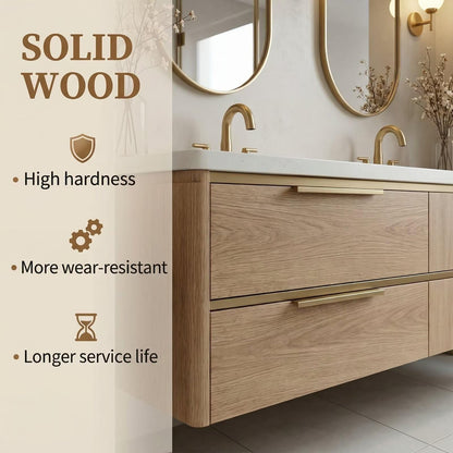 60"-84"Modern Oak Floating Bathroom Vanity with Double Sinks & Gold Oval Mirrors