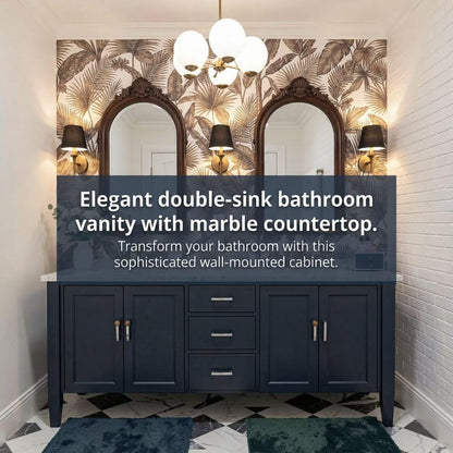 60”-96”Navy Blue Double Sink Bathroom Vanity with Marble Top & Arched Mirrors