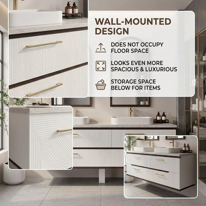 60"-96"White Floating Bathroom Vanity with Double Vessel Sinks & Arched LED Mirrors