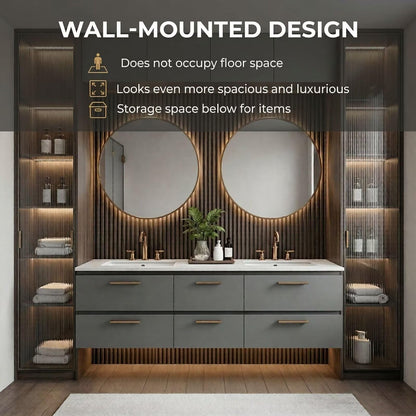 60"-96"Modern Bathroom Vanity Set, Dark Grey Cabinet with LED Display Shelves
