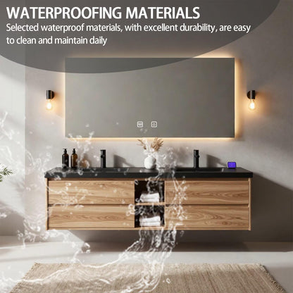 60"-84"Floating Oak Bathroom Vanity with Double Sinks & LED Mirror