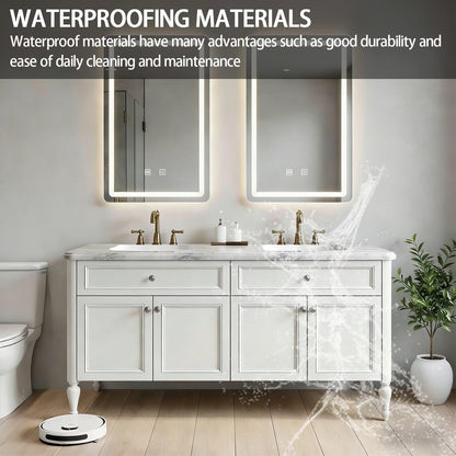 60”-84”Double Sink Freestanding Vanity with LED Mirrors, Off-White Cabinet & Marble Top