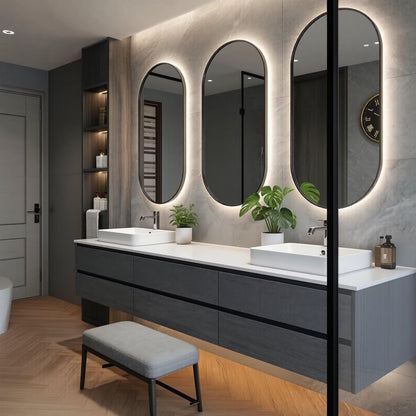 60"-96"Modern Dark Grey Floating Bathroom Vanity with Double Sinks & LED Oval Mirrors